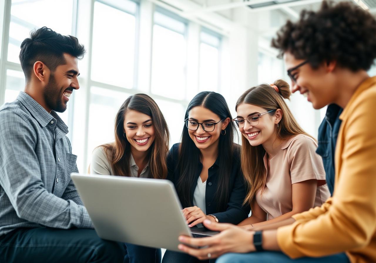 Young professionals collaborating around a laptop